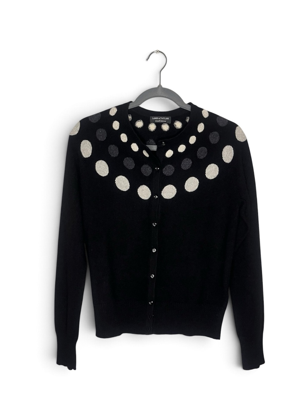 Lord & Taylor Black Cashmere Cardigan with Cream Polka Yoke